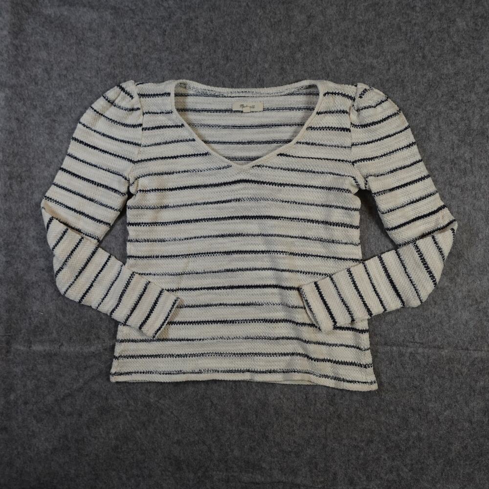 Madewell Top Womens Extra Small Puff Sleeve V-Neck Striped Knit White Blue‎